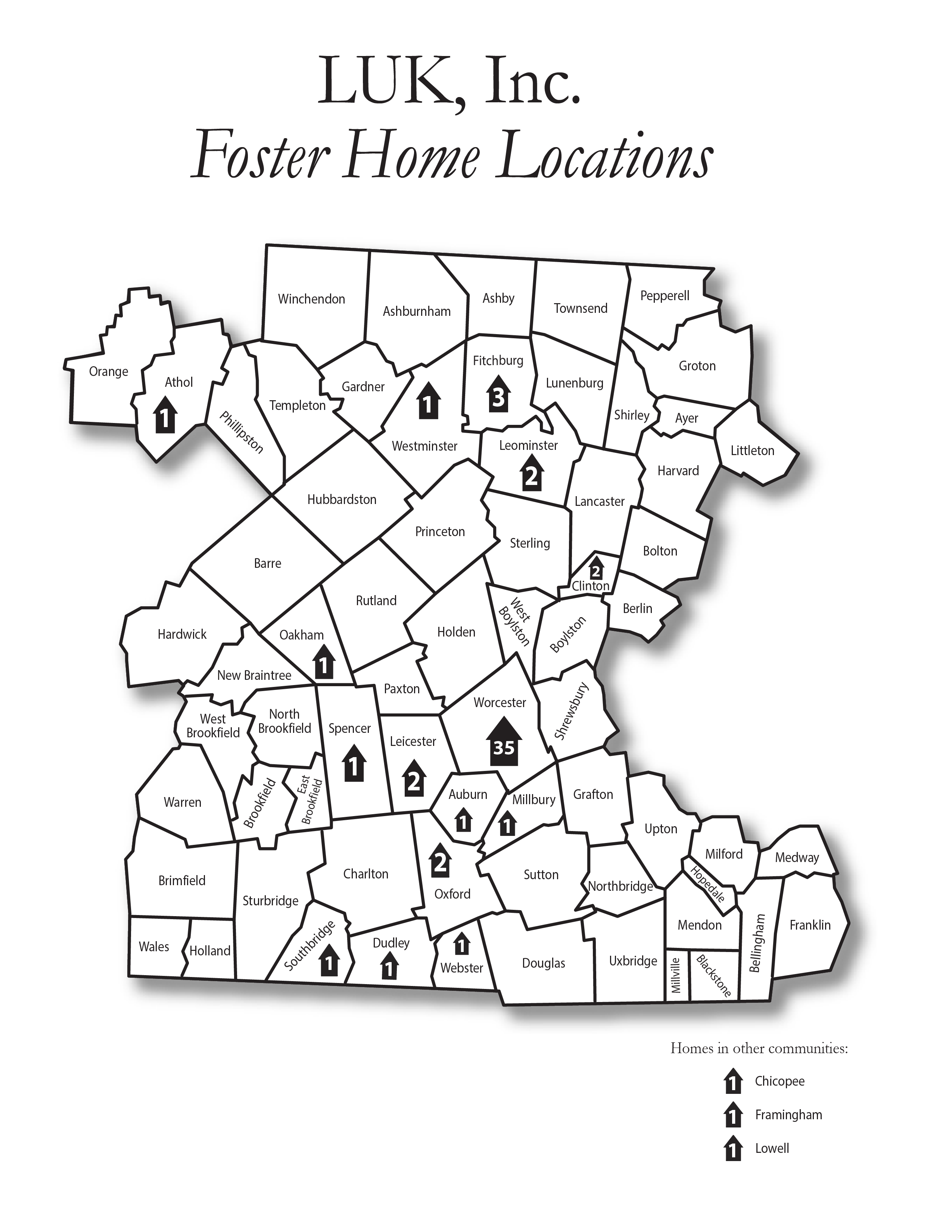 A map of the LUK Foster Homes in Central MA. House icons feature the number of homes that are in that town.